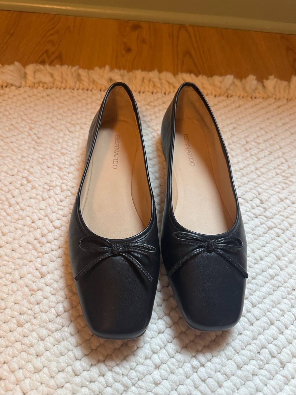 Bernardo Black Square-Toe Leather Ballet Flats with Bow